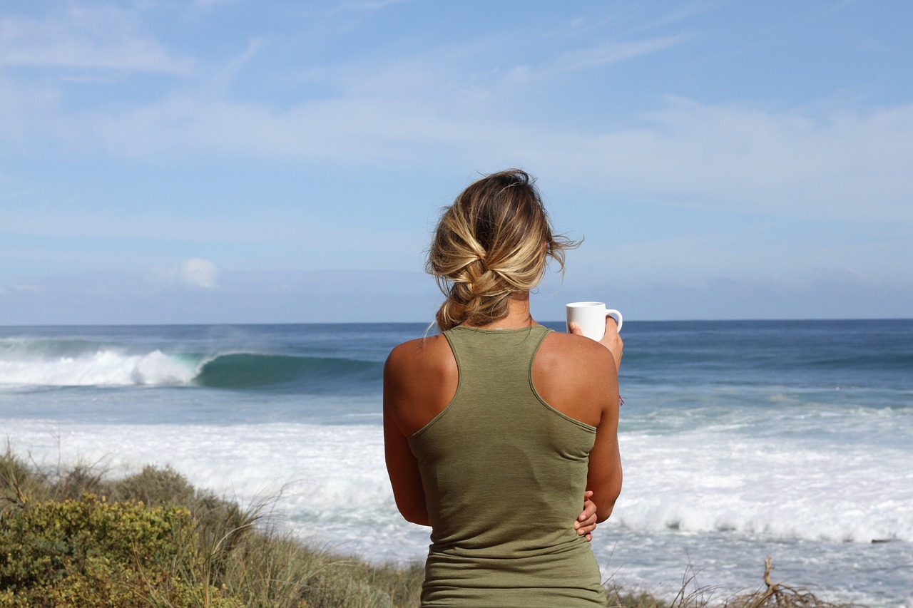 beach, coast, woman, back, drinking coffee, alone, solitude, solitary, waves, ocean waves, shore, seashore, ocean, nature, outdoors, sea, water, relax, calm, tranquil, back, back, drinking coffee, alone, alone, solitude, solitude, relax, calm, calm, calm, calm, calm